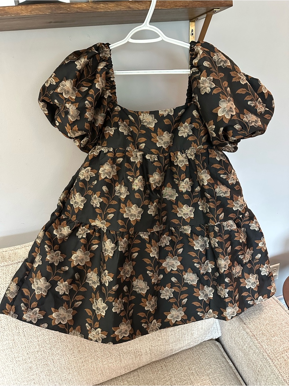 bohme Black Mini Dress with Brown and Cream Floral Print